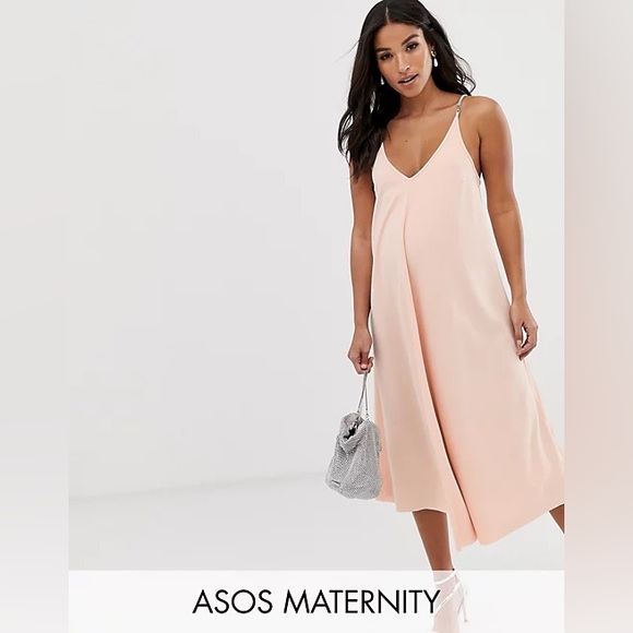 ASOS DESIGN Maternity Light Pink Trapeze Midi Dress with Rhinestone Straps - Picture 6 of 6